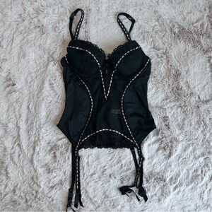 Jezebel Sheen & Lace Garter Corset Top with Baby Pink Ribbon/Coquette Details